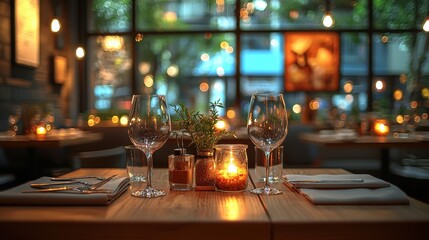 Fototapeta premium Elegant Illumination in Defocused Restaurant Interior with Empty Wooden Table Platform