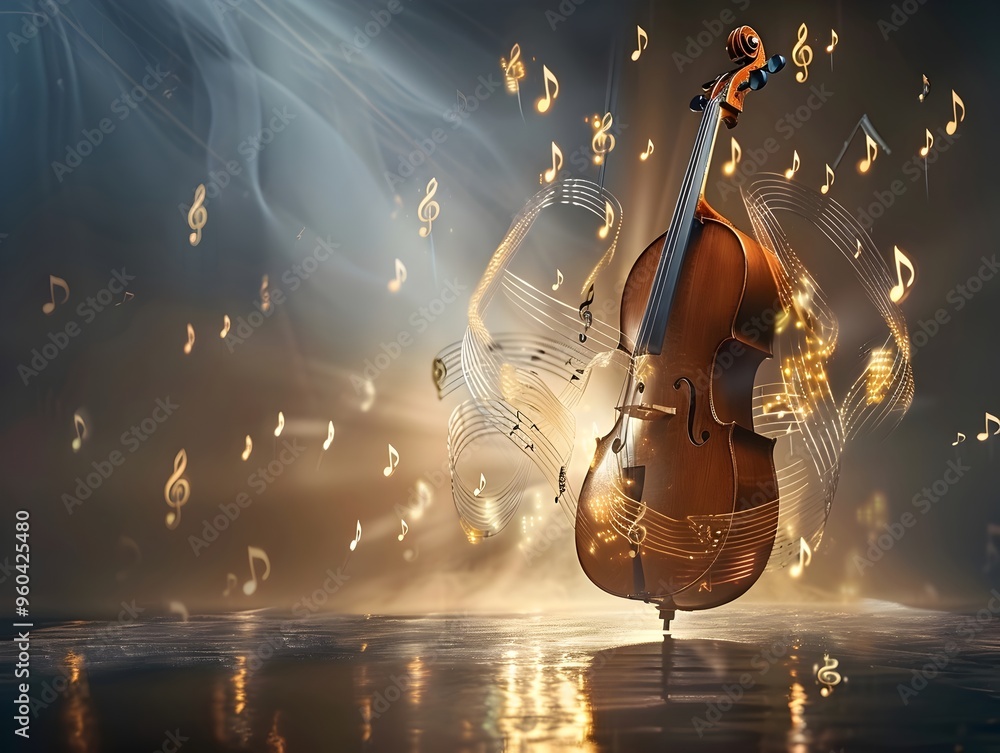 Poster dramatic cello performance with flowing music notes and ethereal spotlight in digital rendering