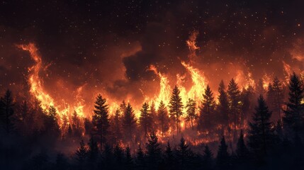 Raging wildfire consuming the dense foliage of a forest, with towering flames illuminating the night sky and billowing smoke darkening the horizon