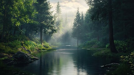 Fototapeta premium A peaceful river flowing through a dense forest with tall trees on either side.