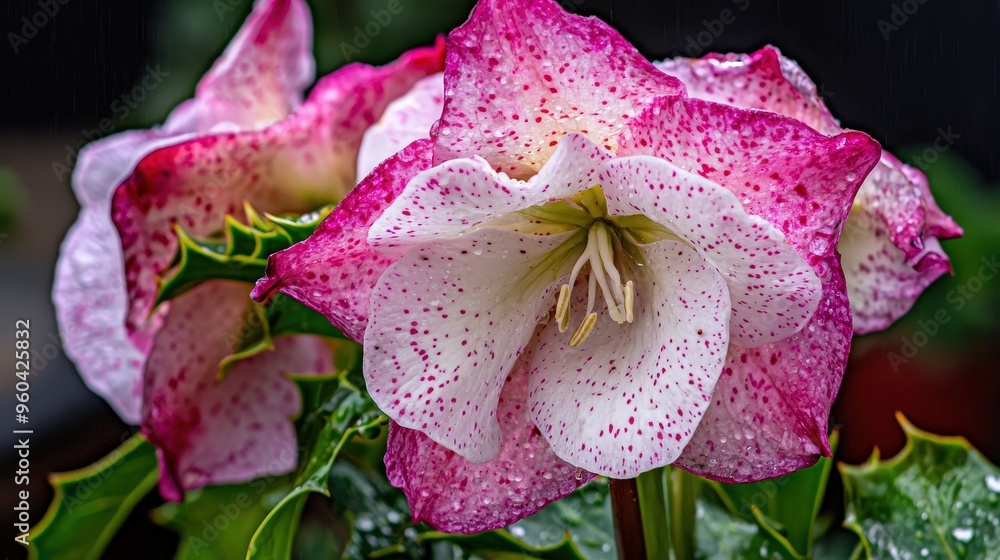 Poster vibrant hellebore flowers with pink and white petals display intricate speckles while raindrops clin