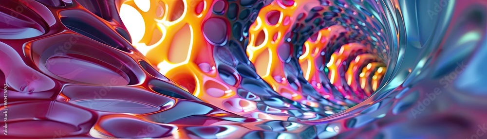 Poster futuristic abstract design featuring vibrant colors in a fluid, organic shape that creates an immers