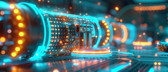 Futuristic Cybernetic Landscape with Glowing Pathways and Advanced Technology in