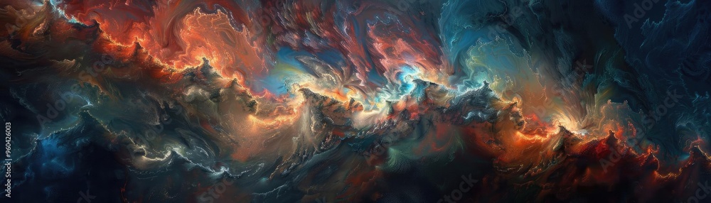 Poster vibrant cosmic abstract art featuring swirling colors and ethereal patterns, perfect for backgrounds
