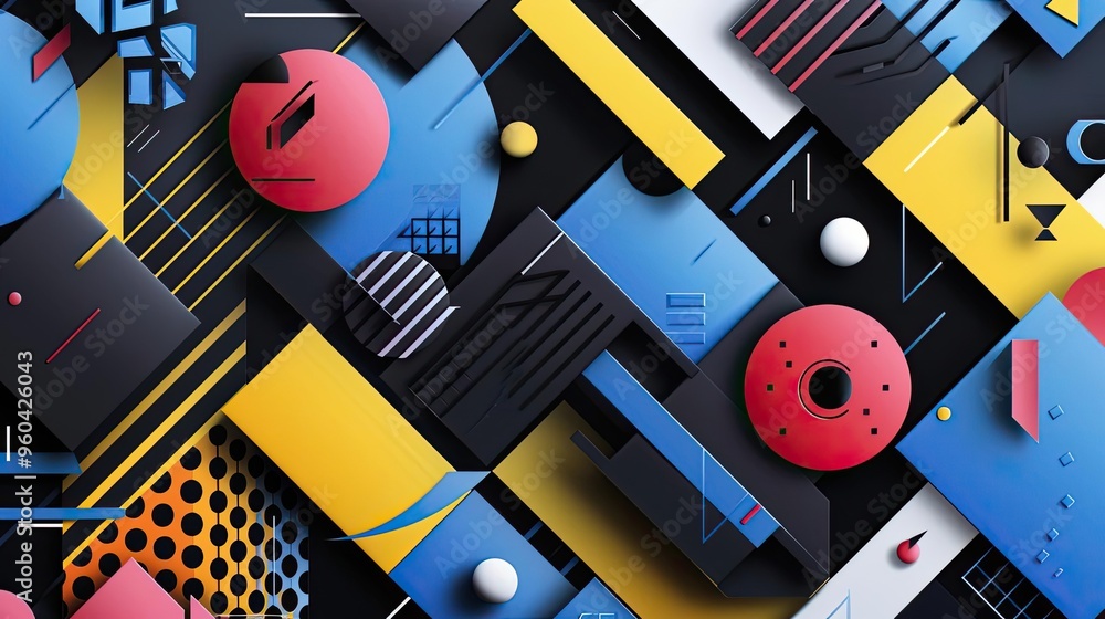 Poster vibrant geometric pattern with bold colors and shapes, perfect for modern design and creative projec