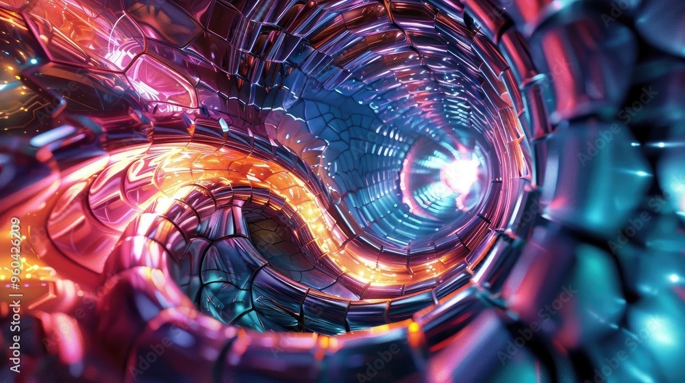 Poster a vibrant, swirling tunnel of colorful light and abstract patterns, evoking a sense of depth and fut