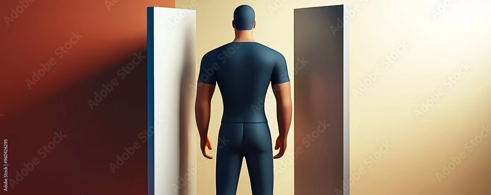 Poster a stylized figure standing between two panels, evoking themes of choice and reflection in a minimali