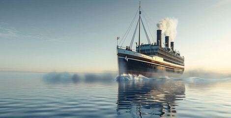 A large vintage steamship powers through calm ocean waters at sunrise, creating soft ripples as smoke rises from its chimneys.