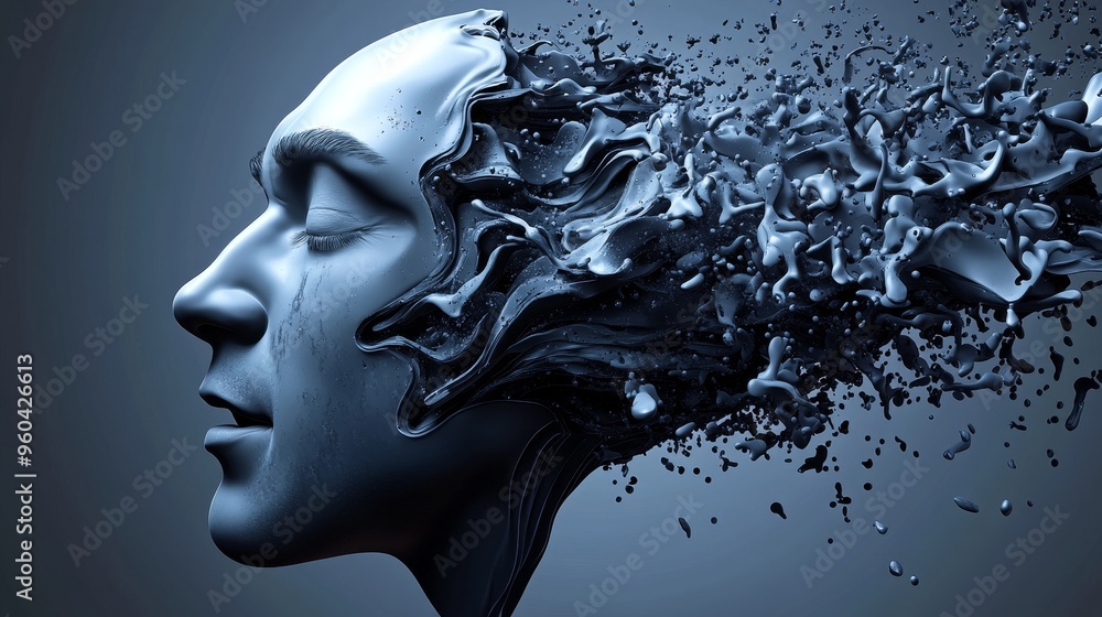 Poster a surreal depiction of a face merging with abstract fluid forms, representing creativity and transfo