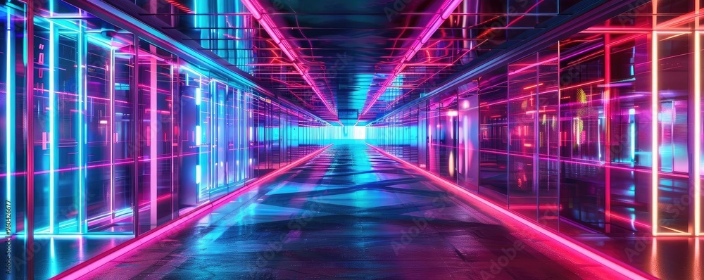 Poster vibrant neon lights illuminate a modern corridor, creating a dynamic and futuristic ambiance.