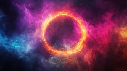 Glowing Fractal Pattern with Neon Ring in Cosmic Darkness surrounded by Colorful Light Wisps