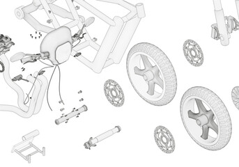 Disassembled motorcycle on a white background. Unique design. 