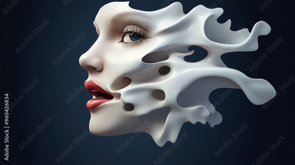 Poster a surreal representation of a woman's face blending with abstract shapes, exploring themes of identi