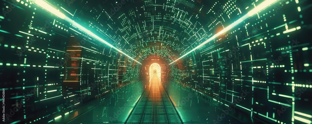 Poster A mesmerizing tunnel filled with glowing digital patterns and light beams, inviting exploration into a realm of technology.