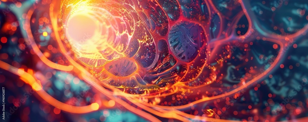 Poster An abstract visualization of cellular structures glowing in a vibrant environment, showcasing intricate biological patterns.
