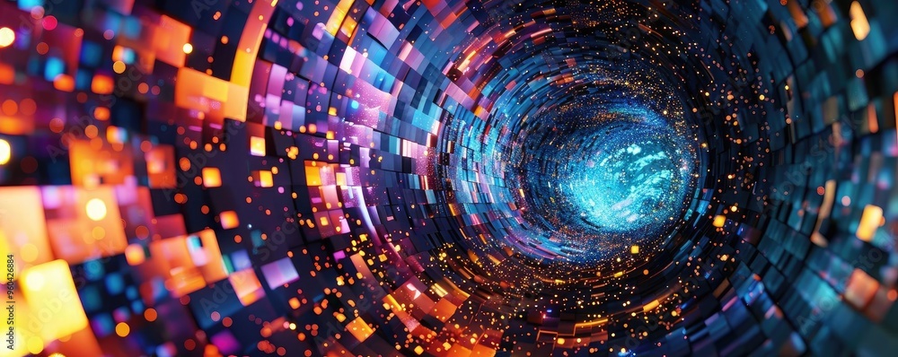 Poster a vibrant digital tunnel of colors and lights, representing movement through time and space in an ab