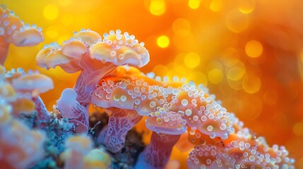 Naklejka premium Cluster of brilliant fungus on an orange backdrop