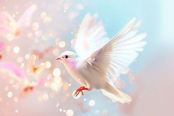 Obraz premium A white dove spreads its wings in mid-flight against a backdrop of soft pastel colors and twinkling lights, creating a tranquil and uplifting atmosphere
