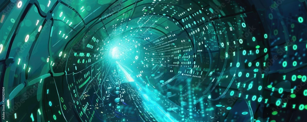 Poster A captivating digital tunnel showcasing light beams and binary code, symbolizing technology and data flow in a modern world.