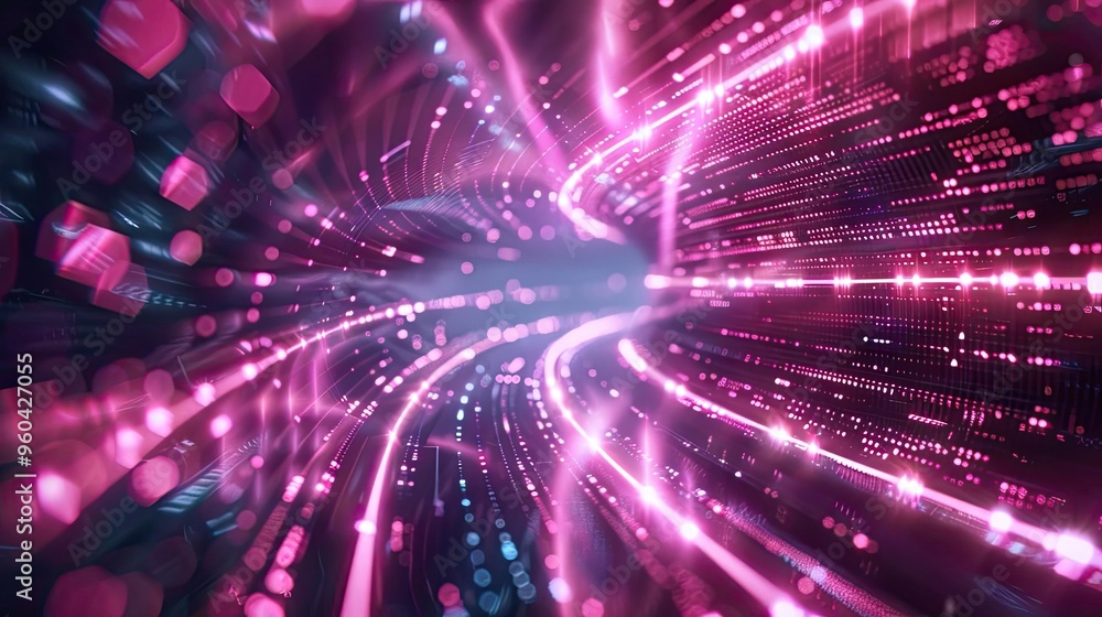 Poster abstract digital art featuring swirling pink and blue lights, creating a sense of motion and vibrant