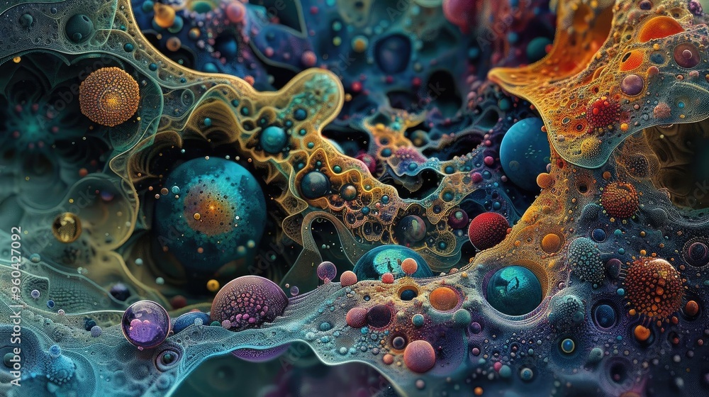 Aufkleber A mesmerizing abstract composition featuring colorful spheres and fluid patterns resembling a cosmic landscape.