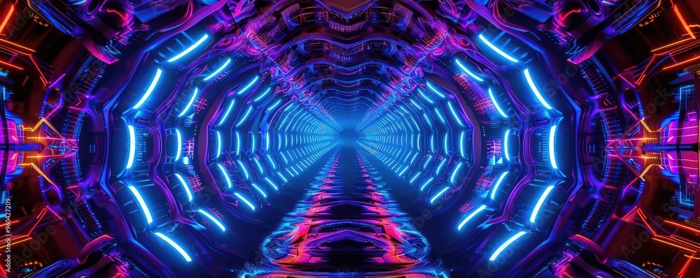 Aufkleber A vibrant neon tunnel illuminated by glowing lights, creating a surreal and immersive visual experience for technology lovers.