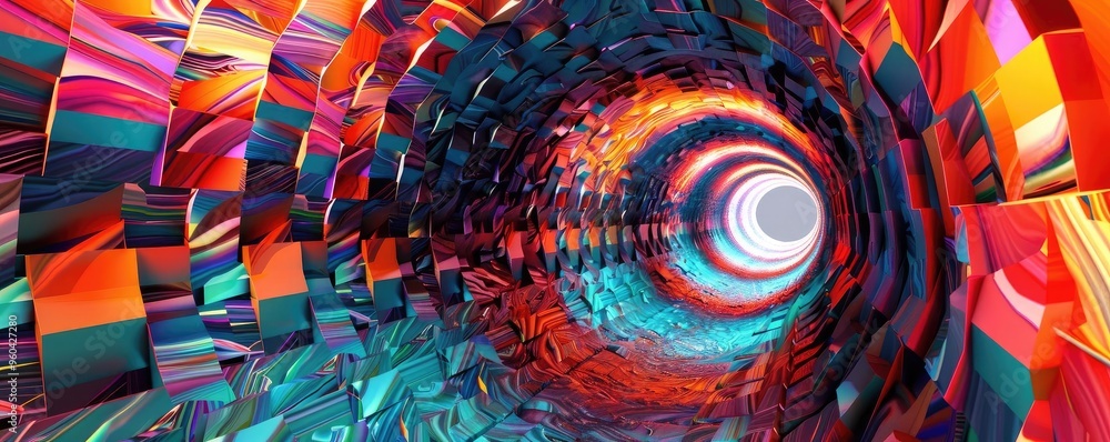 Poster A vibrant digital tunnel of swirling colors and geometric patterns, creating a mesmerizing visual journey into abstraction.