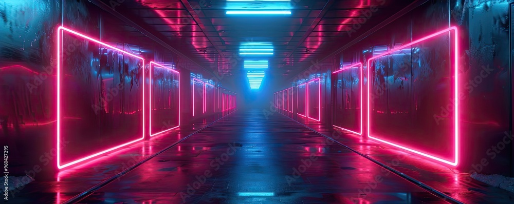 Poster a futuristic corridor illuminated by vibrant neon lights, creating a captivating atmosphere in a dig