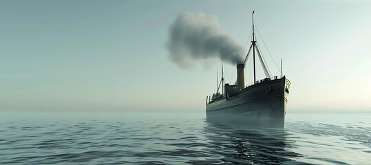 Fototapeta premium A vintage steamship moves across calm, misty ocean waters, with smoke billowing from its chimney under a pale sky.