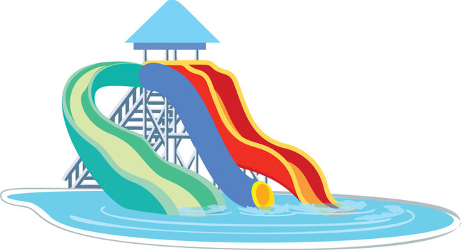 recommend clip art: Water slides entering a swimming pool at a water park with a blue roof on a sunny day