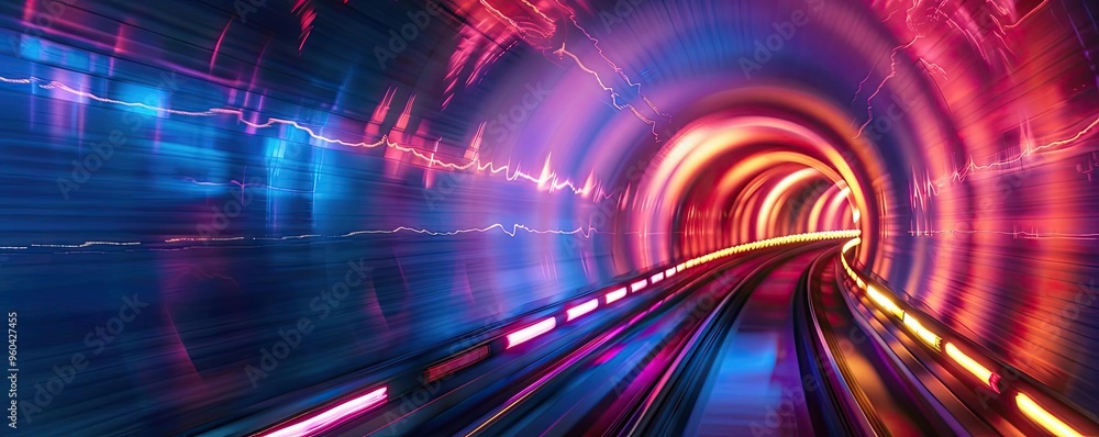 Poster A vibrant tunnel scene with glowing lights and dynamic motion creating an energetic atmosphere, perfect for modern art or technology themes.