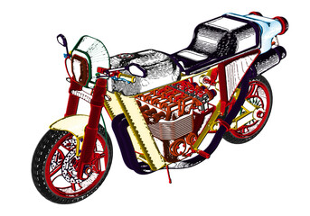 Multi-colored motorcycle on a white background. 