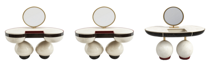 Set of A classic wooden dressing table with an ornate mirror and drawers Isolated on Transparent Background