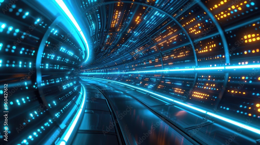 Poster A vibrant and futuristic tunnel filled with glowing blue and orange lights, creating a dynamic and mesmerizing visual experience.