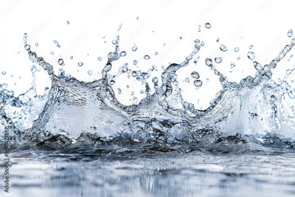 Poster the surface of the water erupts with splashes as droplets collide, capturing the moment a serene env
