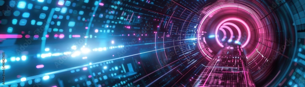 Aufkleber futuristic tunnel with vibrant blue and pink lights, creating a sense of depth and motion in a digit