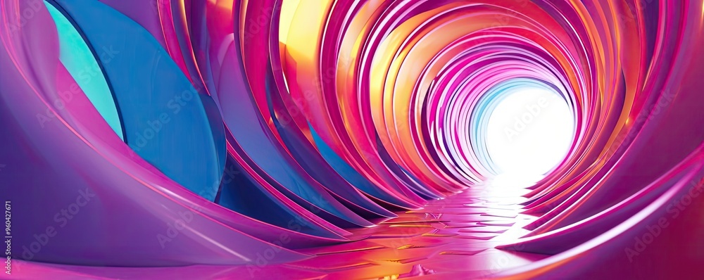 Poster Vibrant abstract tunnel with colorful swirling patterns and glowing light at the end, creating a sense of depth and movement.