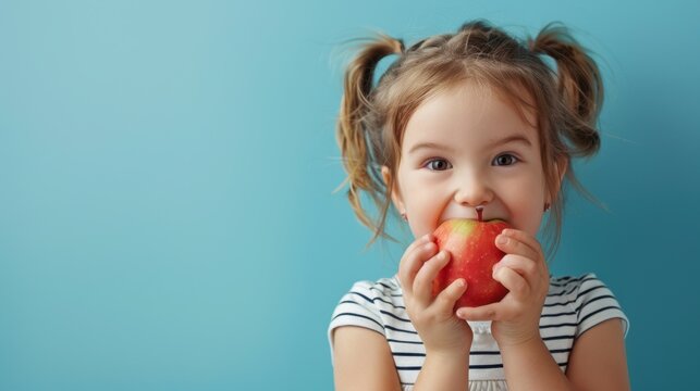 A cute little girl holding and eating a fresh ripe apple