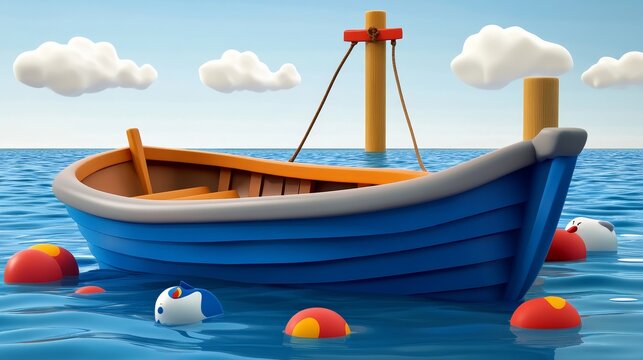 A vibrant cartoon-style boat floating in serene water, surrounded by colorful buoys and playful clouds above.