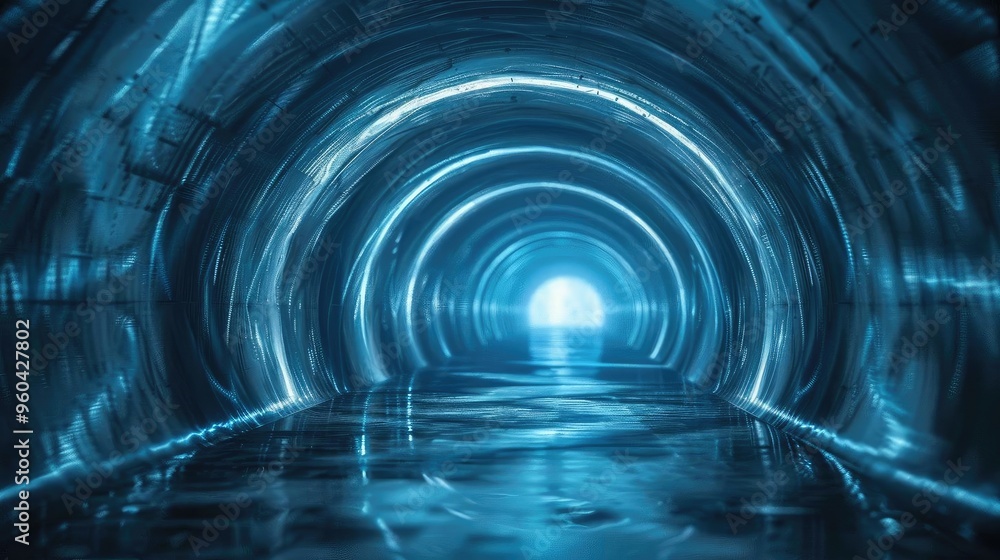 Poster a futuristic tunnel illuminated by blue light creates a mesmerizing atmosphere with reflections on t