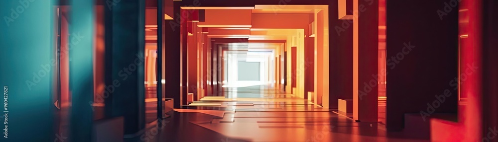 Poster A vibrant corridor with colorful lighting, showcasing a blend of modern architecture and artistic design elements.