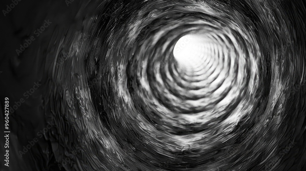 Poster an abstract depiction of a tunnel leading towards a bright light, evoking feelings of depth and myst