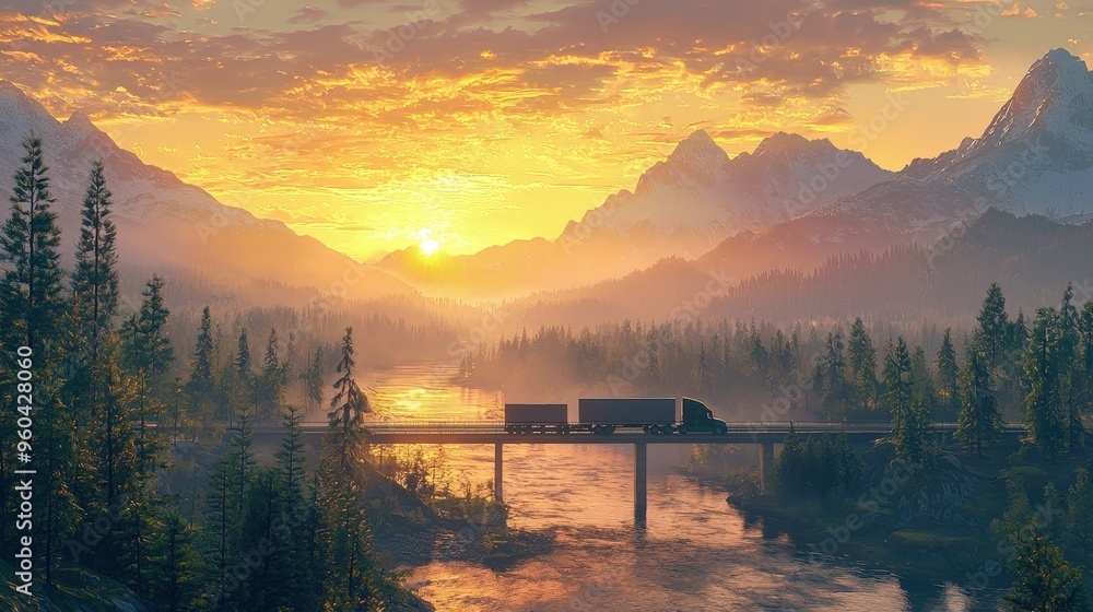 Wall mural A truck travels across a bridge as the sun sets behind majestic mountains. The vibrant colors reflect on the river, creating a serene and picturesque scene