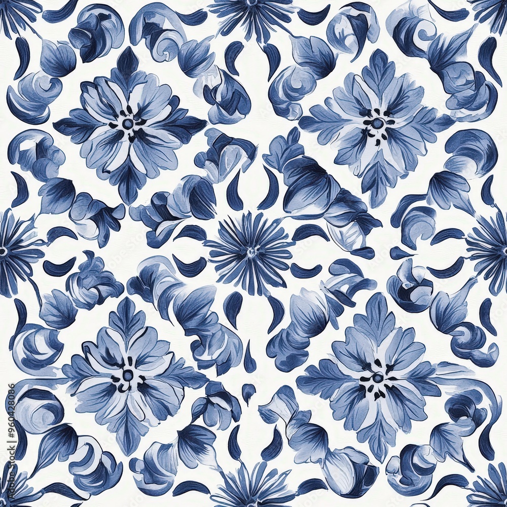 Poster This design features a detailed blue and white floral tile pattern with a variety of flowers and swirling shapes, perfect for interior decor or crafting projects