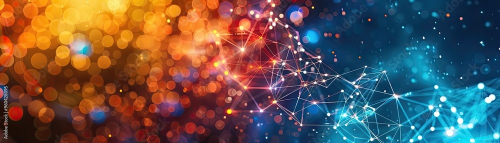 Poster vibrant abstract background featuring bright dots and dynamic connections in orange and blue tones. 