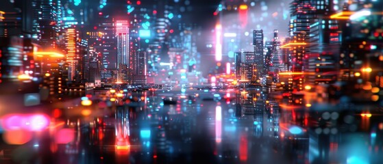 Fototapeta premium Futuristic Cyberpunk Cityscape: - Urban Environment with Detailed Buildings and Neon Lights