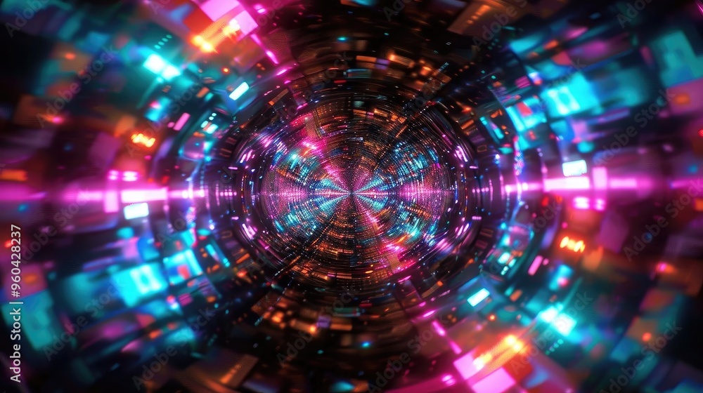 Aufkleber A vibrant abstract tunnel filled with glowing lights and dynamic colors, creating a sense of depth and motion.