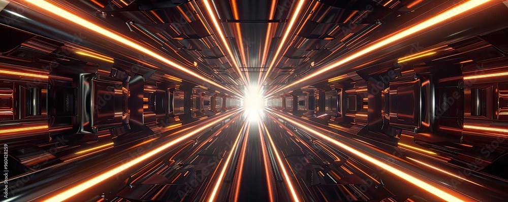 Poster Futuristic tunnel with glowing lights creating a sense of depth and speed, perfect for sci-fi and technology concepts.