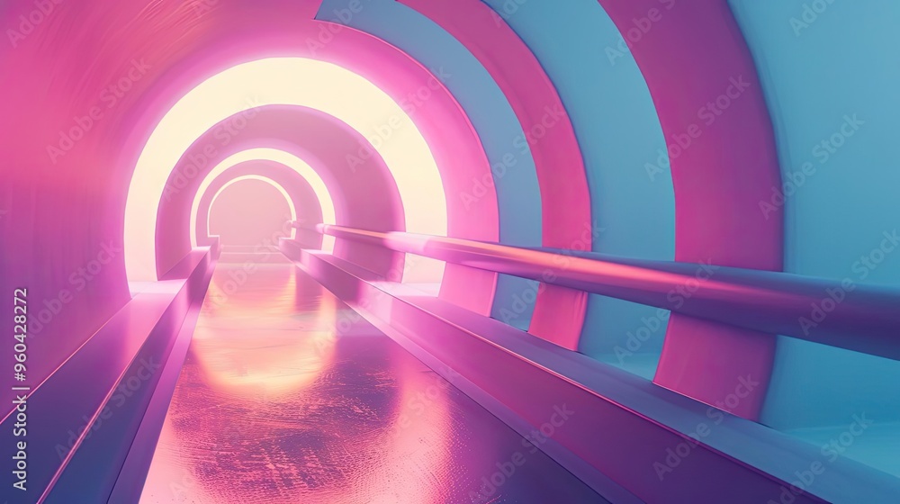 Poster a surreal tunnel illuminated with vibrant pink and blue lights, creating a futuristic and dreamlike 