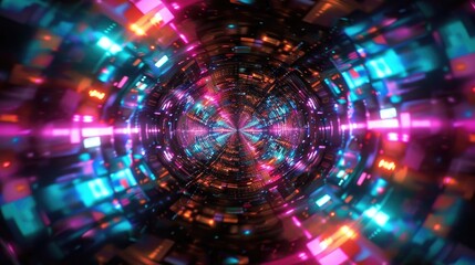 A vibrant abstract tunnel filled with glowing lights and dynamic colors, creating a sense of depth and motion.